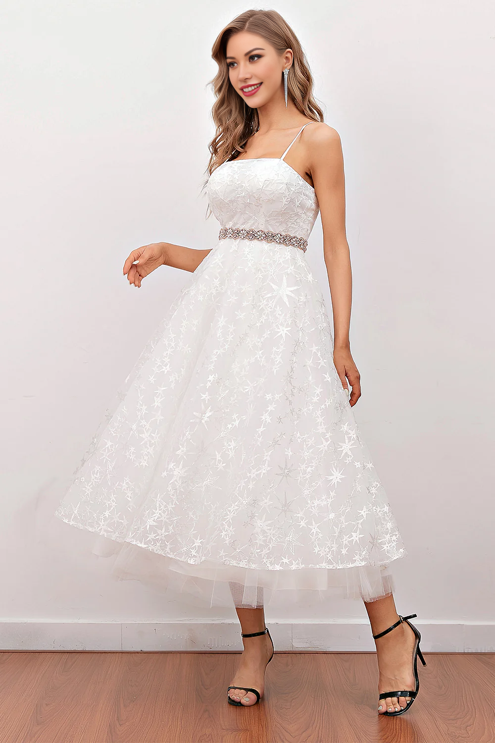 Off Shoulder Short White Lace Midi Prom Dress (Belt Not Included)