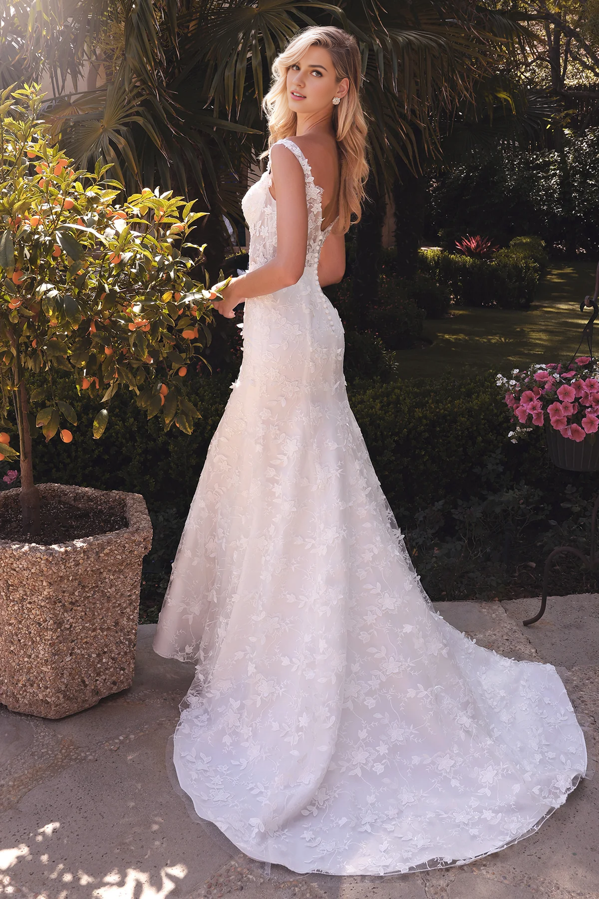 Stunning Wedding Gown with Deep Neckline and Floral Accents Off Shoulder