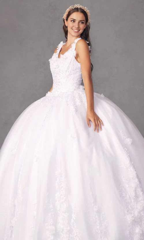 Traditional White Quinceanera Dress V-neck Long With Flowers