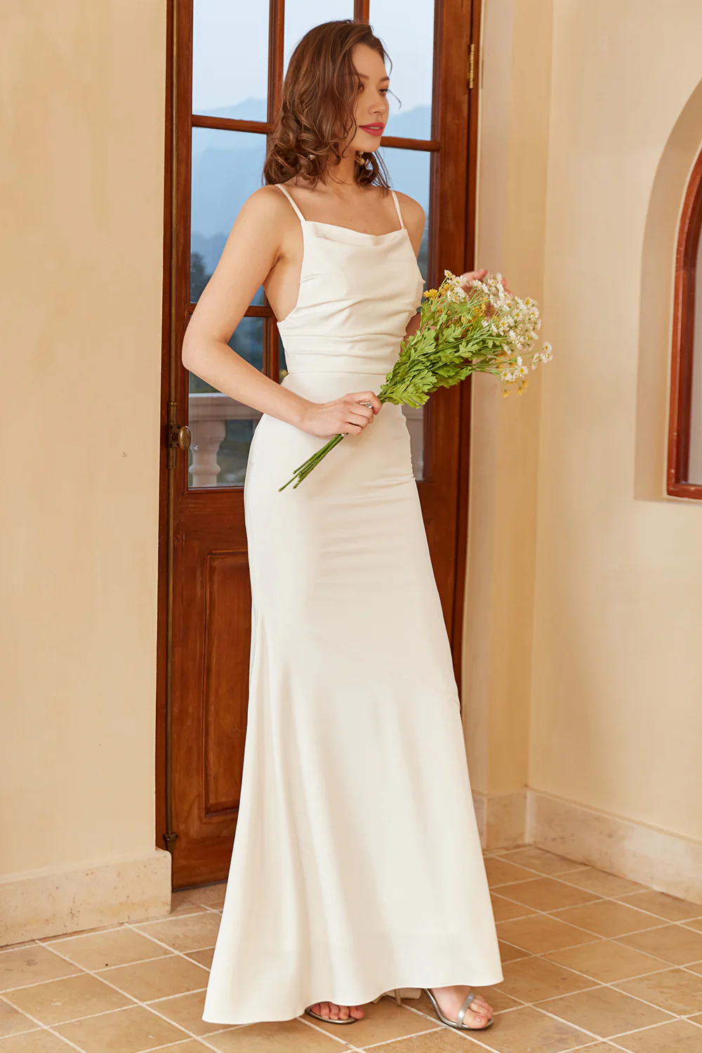 Simple Mermaid Boho Slip Dress Backless Long Wedding Dress Pure Color