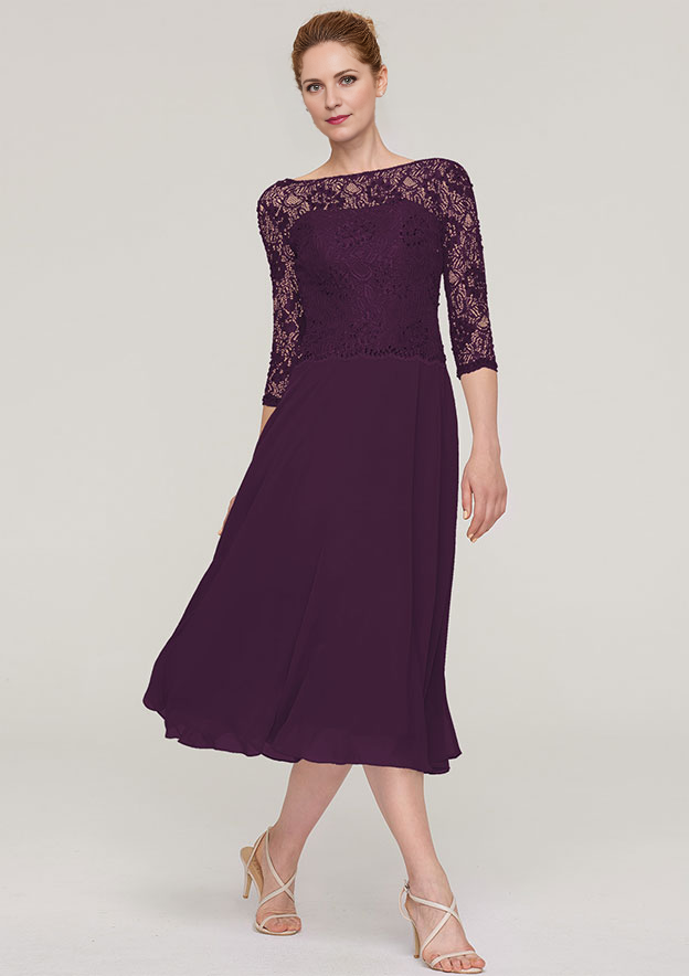 A-linePrincess Bateau 34 Sleeve Tea-Length Chiffon Mother of the Bride Dress With Beading Lace Pure Color