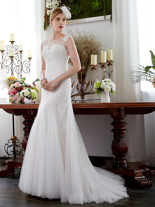 Wedding Dresses Illusion Neck Court Train Tulle Sleeveless Sparkle & Shine with Beading