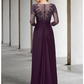Mother of the Bride Dress Elegant Sparkle & Shine Jewel Neck Asymmetrical Floor Length Chiffon Lace 3/4 Length Sleeve with Sequin