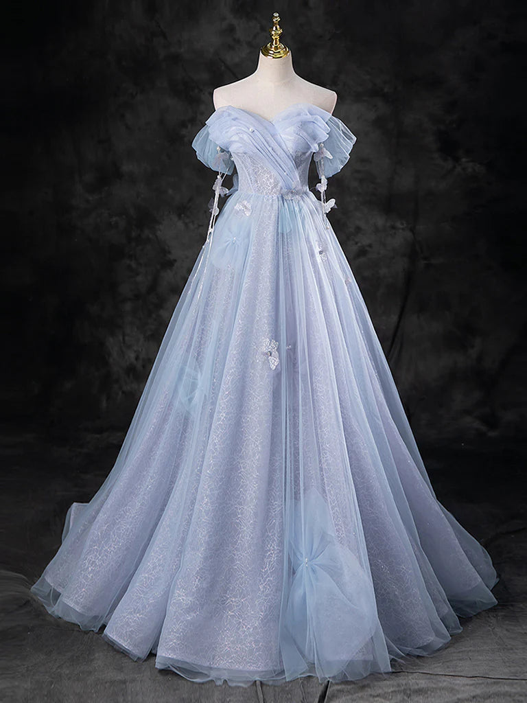 A-Line Sweetheart Neck Off Shoulder Tulle Long Prom Dress Blue