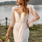 Ivory Mermaid Lace Sweep Train Boho Wedding Dress With Bowknots V-neck