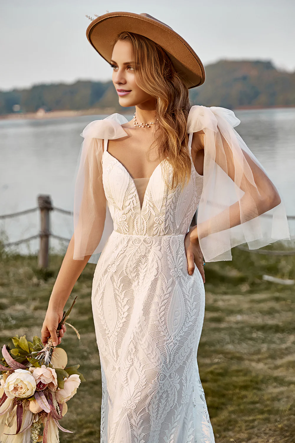Ivory Mermaid Lace Sweep Train Boho Wedding Dress With Bowknots V-neck