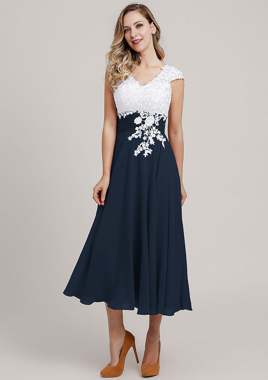 Chiffon Mother of the Bride Dress A-linePrincess V Neck Short Sleeve Tea-Length With Lace Short