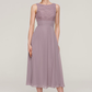 A-linePrincess Scoop Neck Sleeveless Tea-Length Chiffon Mother of the Bride Dress With Lace Jack Shortet