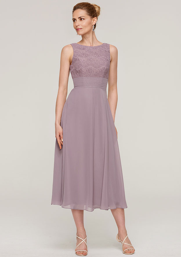 A-linePrincess Scoop Neck Sleeveless Tea-Length Chiffon Mother of the Bride Dress With Lace Jack Shortet