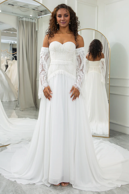 Ivory Sweetheart Detachable Flare Sleeves Boho Wedding Dress Off Shoulder