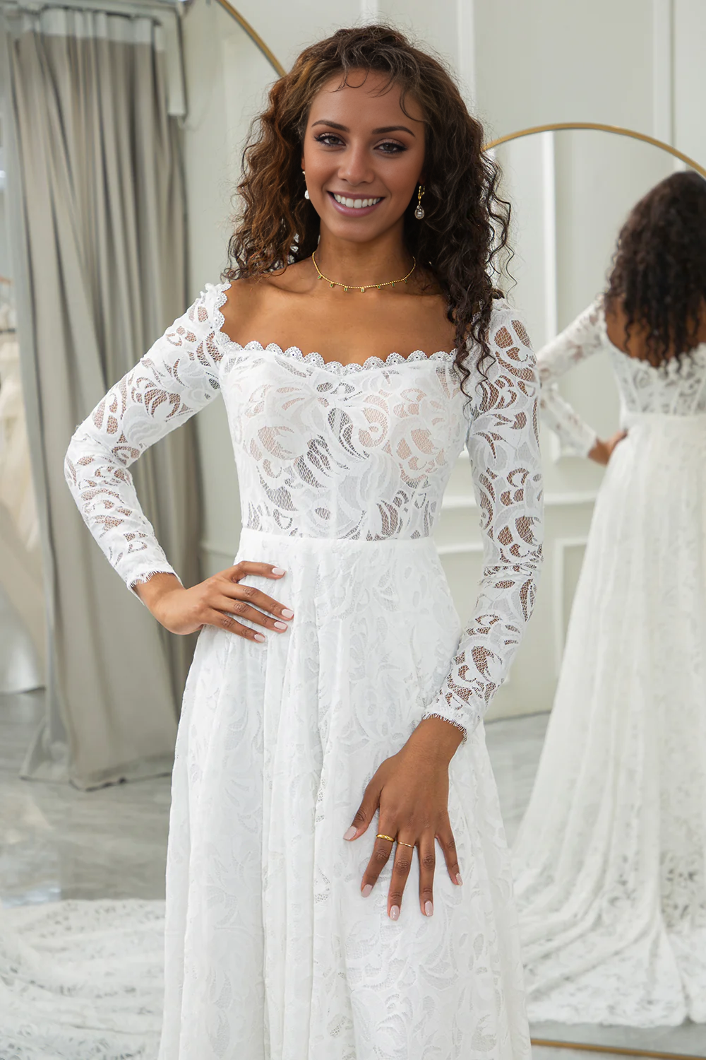 Ivory A-Line Lace Wedding Dress with Sleeves Beautiful Long