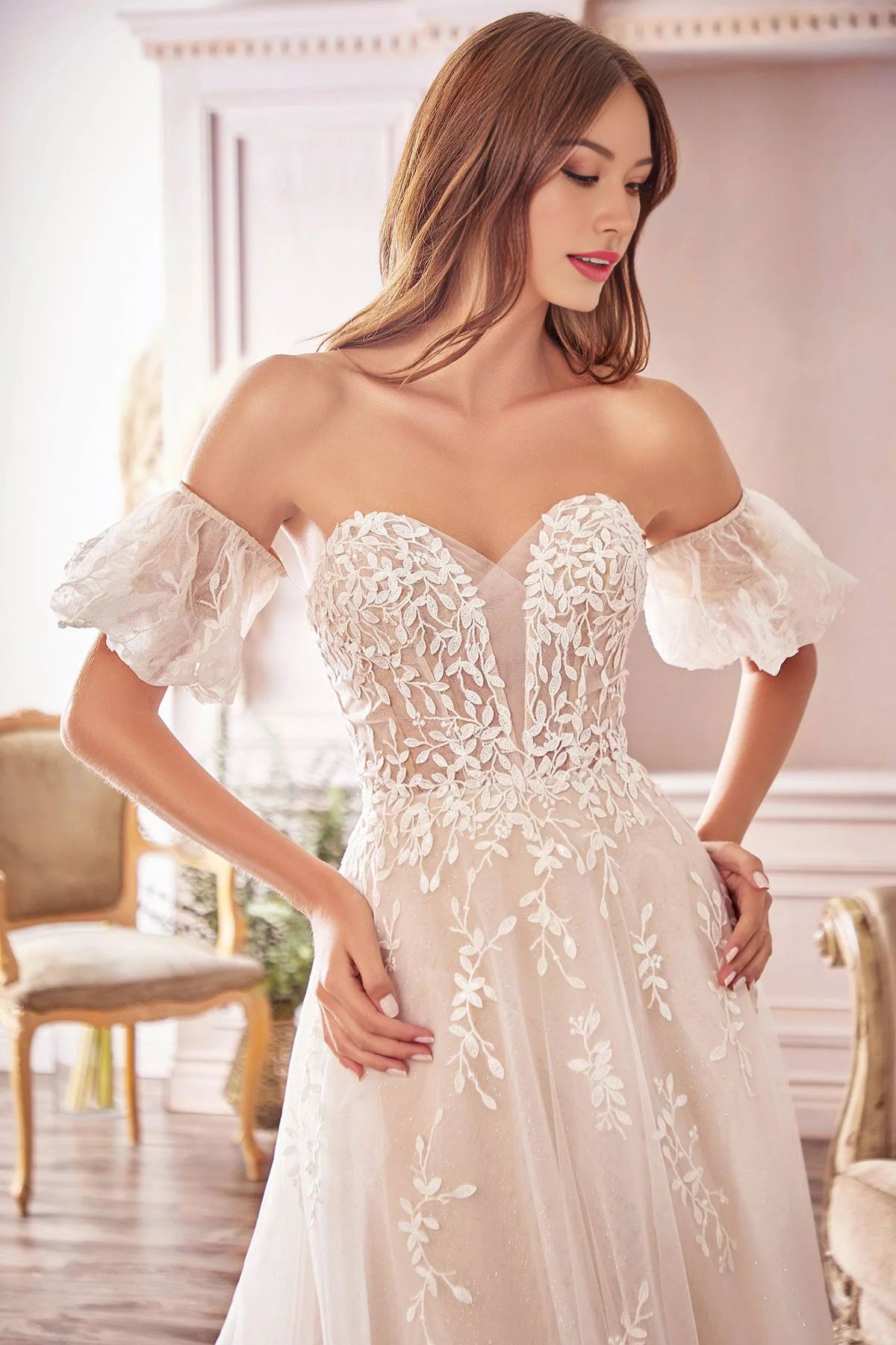 Off Shoulder Floral Lace Wedding Gown with Flowing Train Wedding Dresses