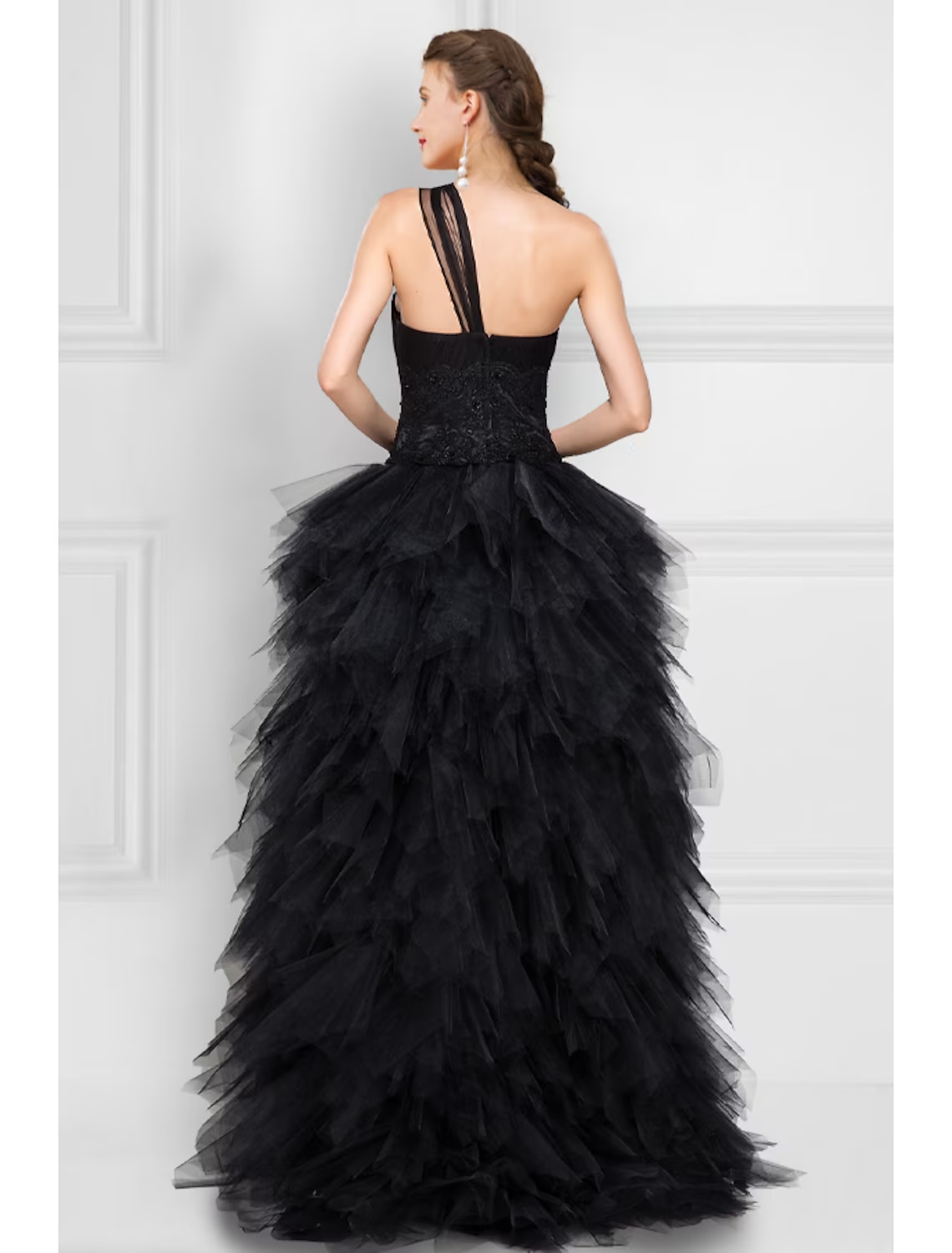 Ball Gown Prom Dresses Black Dress Masquerade Asymmetrical Sleeveless One Shoulder Tulle Ladder Back with