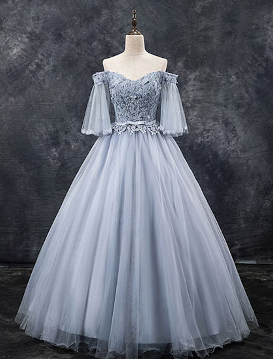 Ball Gown Elegant Floral Quinceanera Formal Evening Dress Off Shoulder Half Sleeve Floor Length Tulle