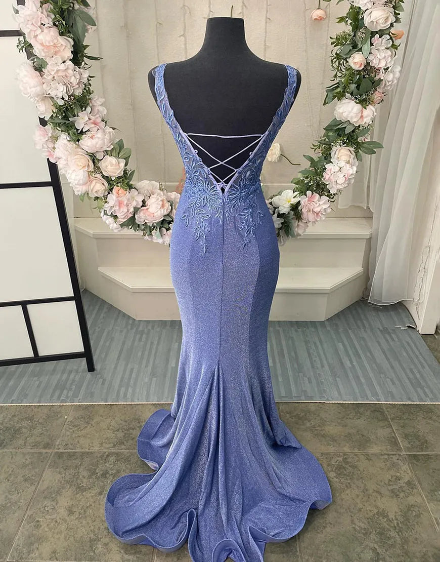 Corset Back Long Prom Dress V-Neck With Appliques Beautiful