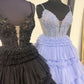 Ball Gown Spaghetti Straps Tulle Tiered Prom Dress With Applique V-neck Beautiful