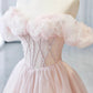 A-Line Sweetheart Neck Off Shoulder Tulle Long Prom Dress Pink