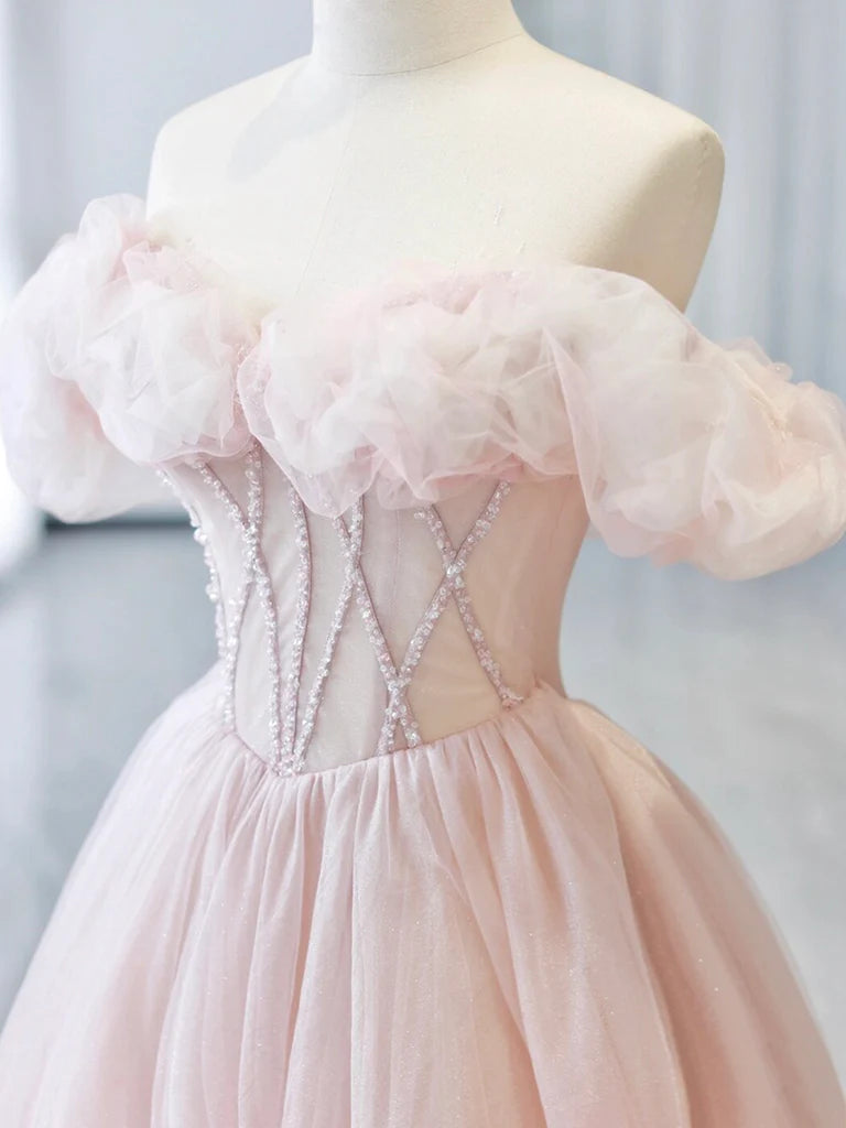 A-Line Sweetheart Neck Off Shoulder Tulle Long Prom Dress Pink