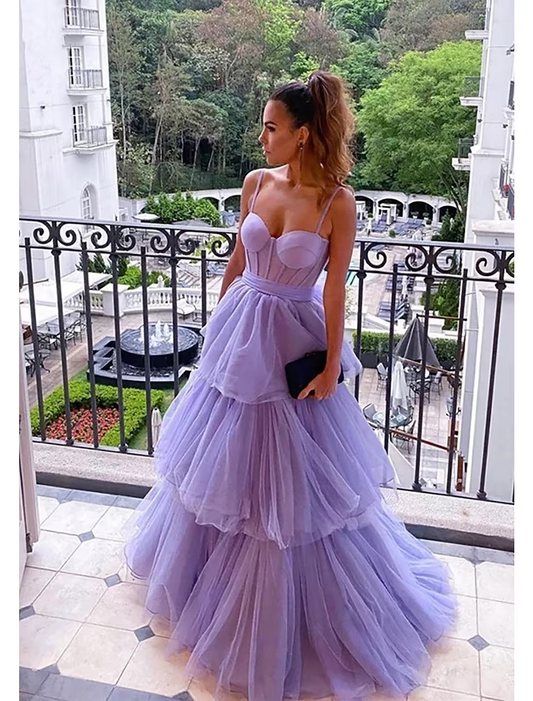 Ball Gown Prom Dresses Tiered Dress Formal Floor Length Sleeveless Sweetheart Tulle Backless with Pleats