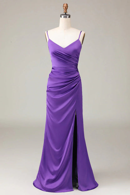 Spaghetti Straps V-neck Sheath Satin Bridesmaid Dress with Slit Pure Color