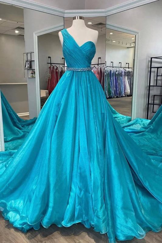 A Line Prom Dress with Beading Waist Long Pure Color