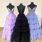 Ball Gown Spaghetti Straps Tulle Tiered Prom Dress With Applique V-neck Beautiful