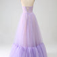 Princess Corset Floor Length Splicing Tulle Prom Dress Off Shoulder Long