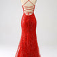 Mermaid Long Sequins Prom Dress with Slit V-neck Sexy Red