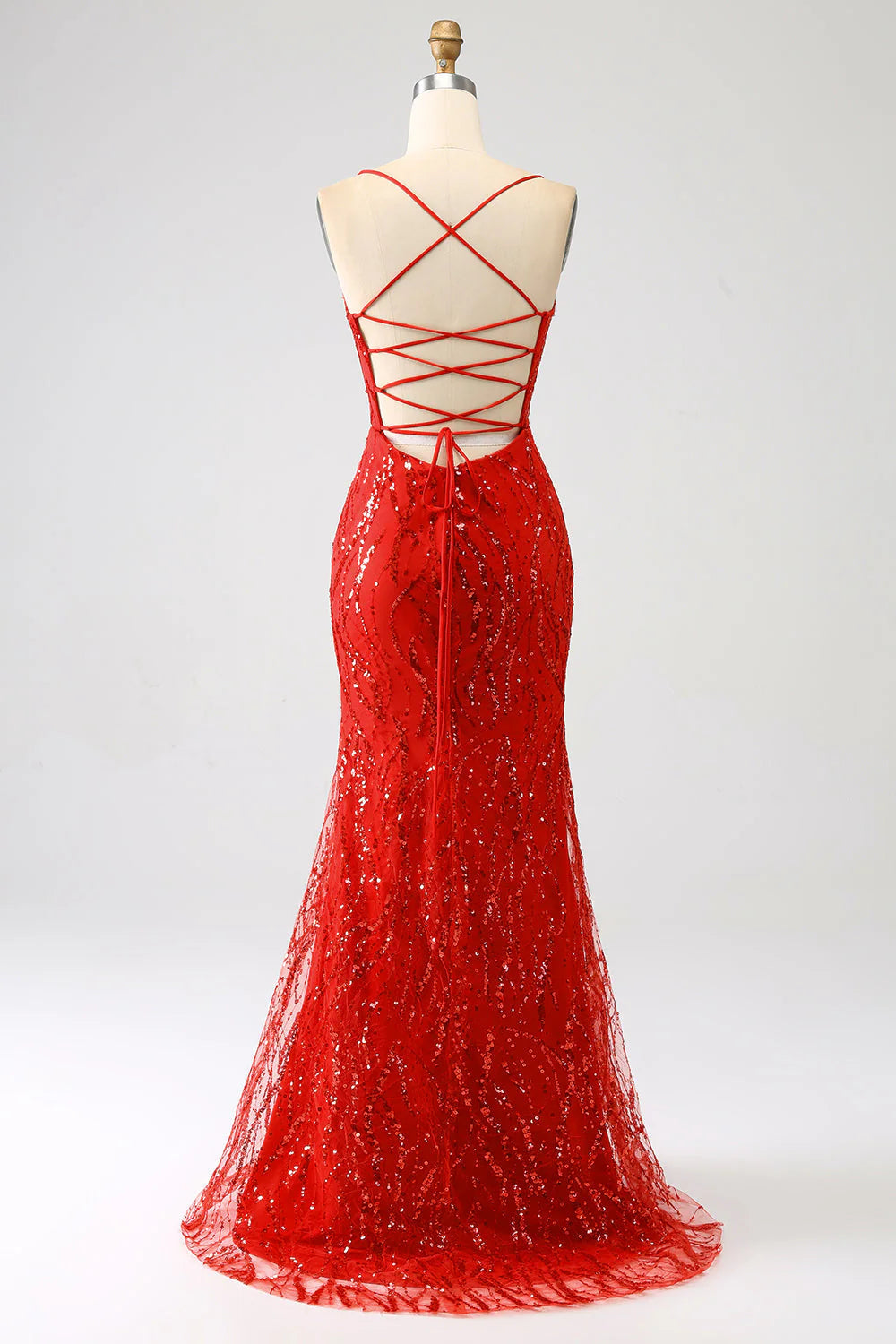 Mermaid Long Sequins Prom Dress with Slit V-neck Sexy Red