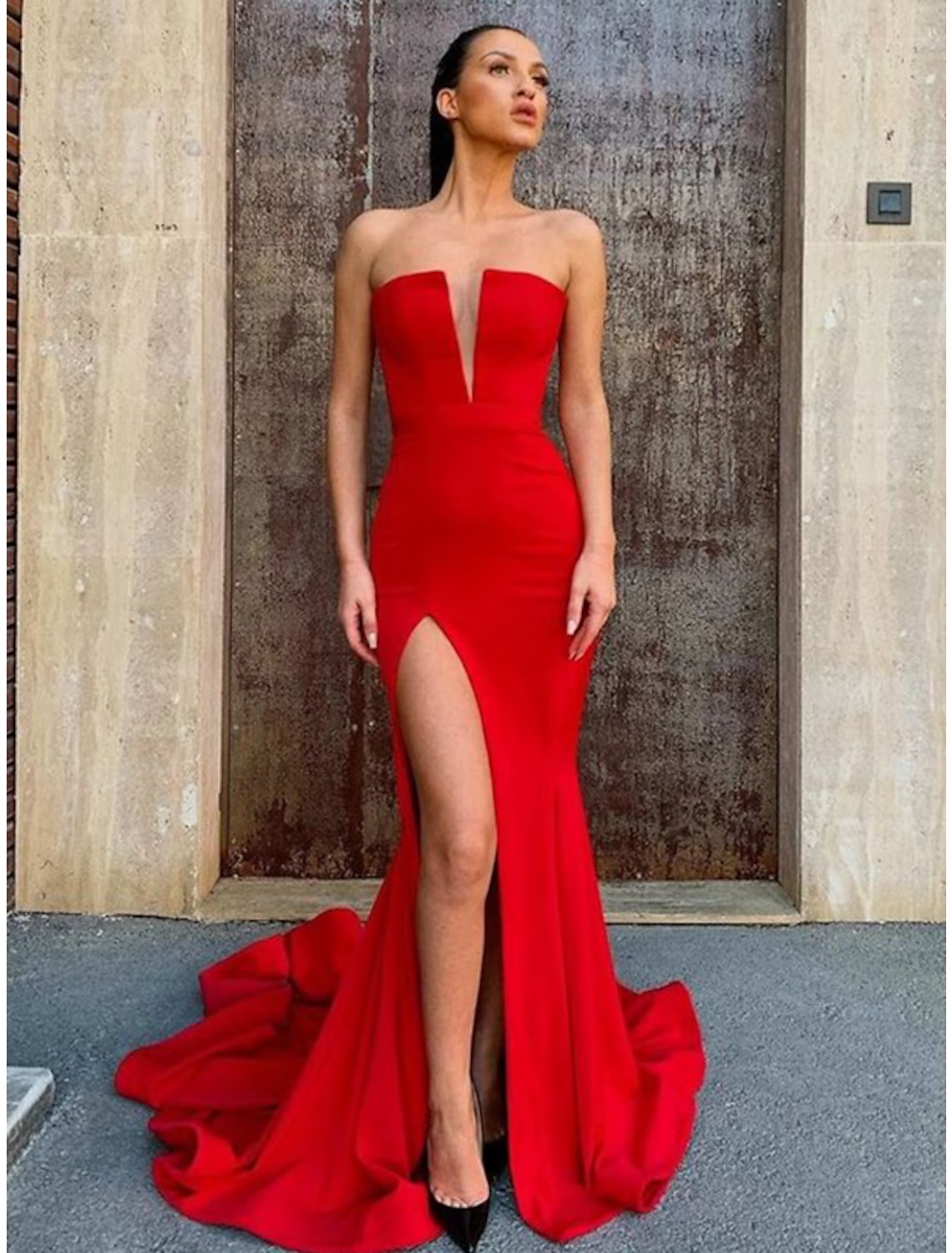 Mermaid / Trumpet Prom Dresses Open Back Dress Prom Court Train Sleeveless Strapless Belt / Sash Charmeuse