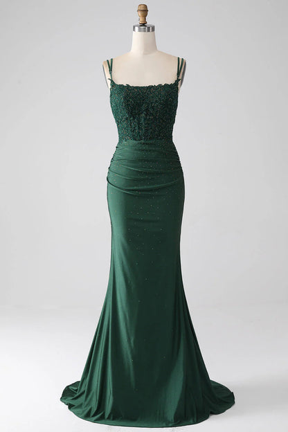 Mermaid Spaghetti Straps Long Corset Prom Dress Sexy Dark Green