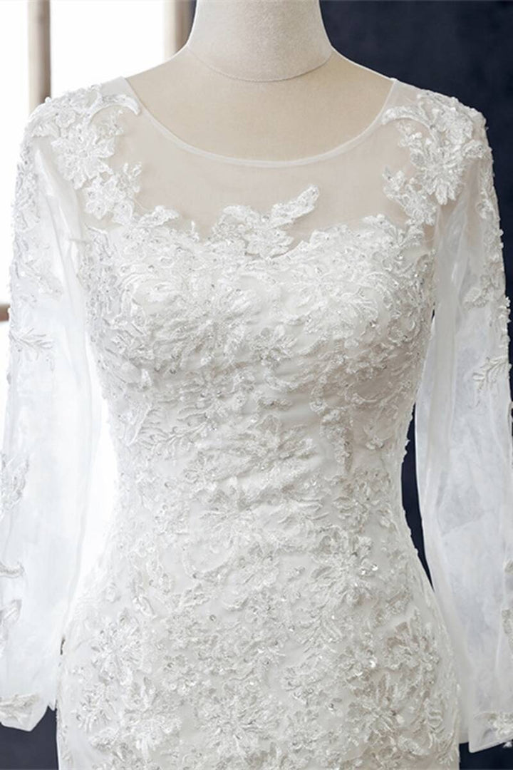 White Beaded Embroidered Round Neck Long Sleeve Wedding Dress Beautiful