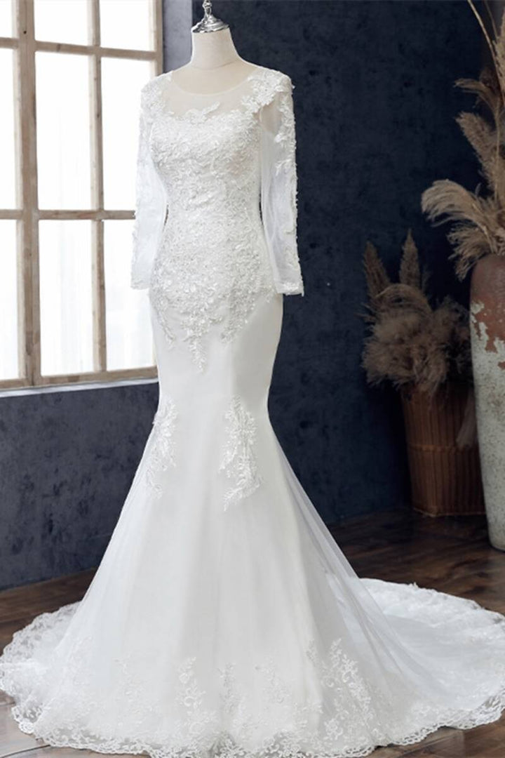 White Beaded Embroidered Round Neck Long Sleeve Wedding Dress Beautiful