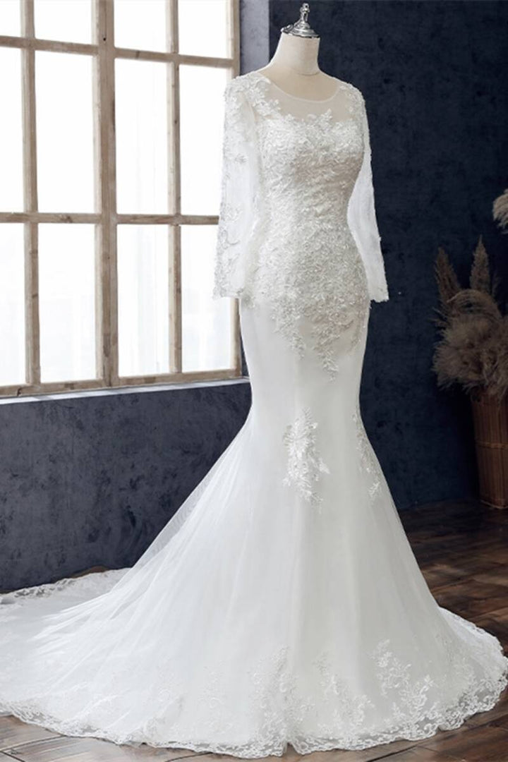 White Beaded Embroidered Round Neck Long Sleeve Wedding Dress Beautiful