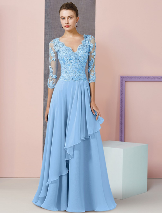 A-Line Mother of the Bride Dress Formal Wedding Guest Vintage Elegant V Neck Floor Length Chiffon Lace Half Sleeve with Beading Sequin