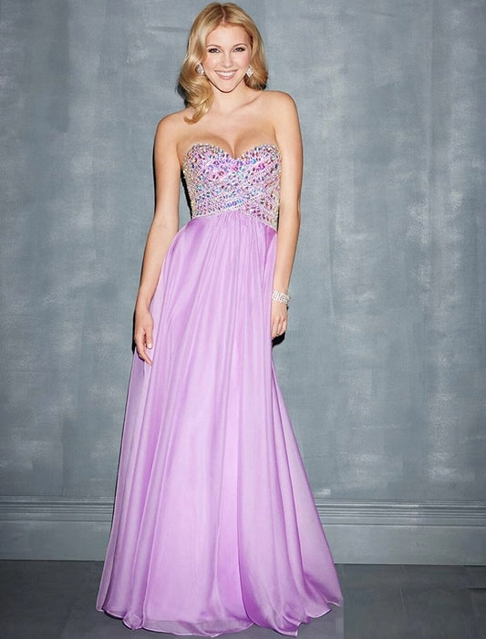 A-Line Evening Gown Glittering Dress Wedding Guest Sweep / Brush Train Sleeveless Sweetheart Chiffon with Rhinestone Beading