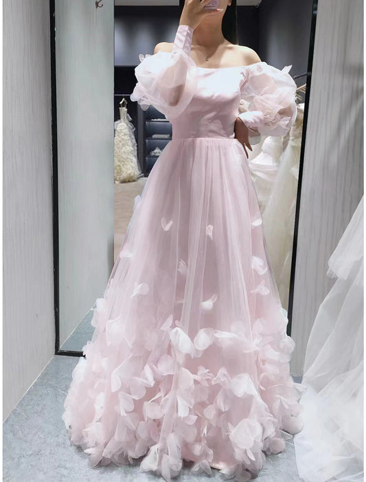 Ball Gown A-Line Evening Gown Floral Dress Prom Floor Length Long Sleeve Off Shoulder Bridesmaid Dress Tull