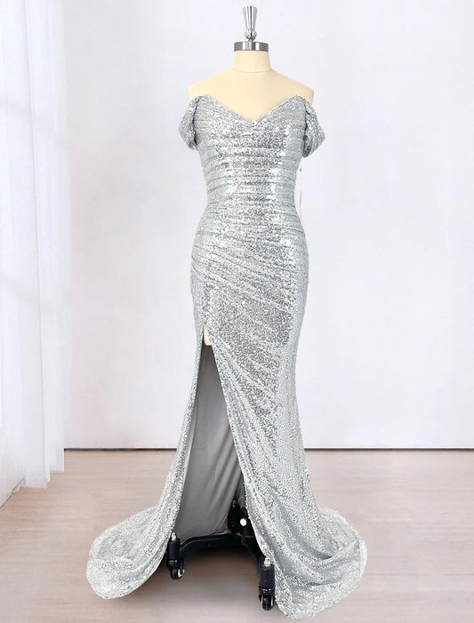 Mermaid / Trumpet Evening Gown Sparkle & Shine Dress Cocktail Party Floor Length Short Sleeve Off Shoulder Sequined