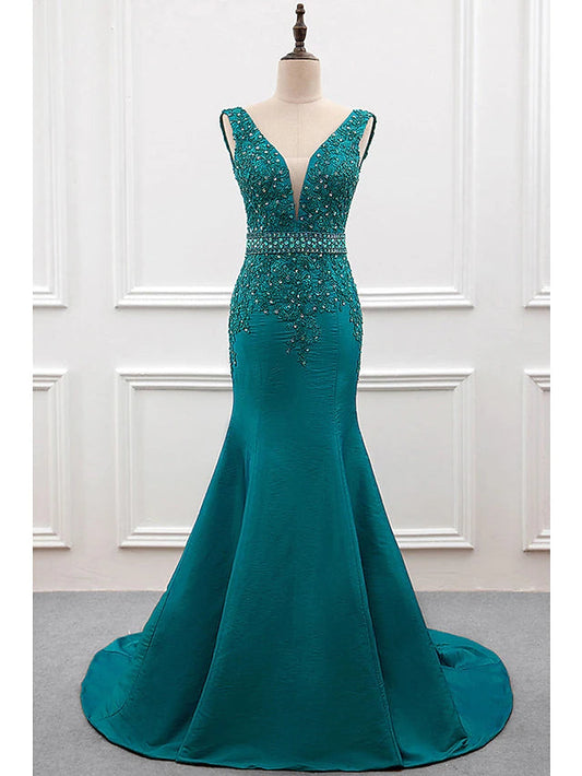 Mermaid / Trumpet Evening Gown Sexy Dress Formal Court Train Sleeveless V Neck Taffeta with Pearls