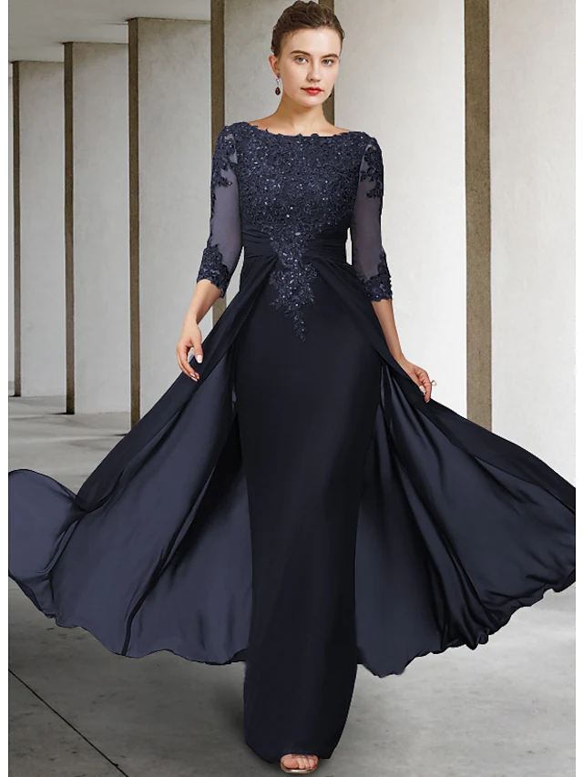 Mother of the Bride Dress Elegant Sparkle & Shine Jewel Neck Asymmetrical Floor Length Chiffon Lace 3/4 Length Sleeve with Sequin