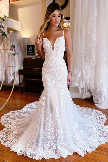 White Lace Plunge V Backless Trumpet Long Wedding Dress Sexy