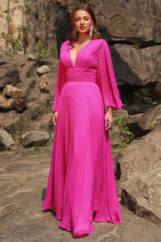 A Line Deep V Neck Fuchsia Plus Size Prom Dress with Long Sleeves Sexy