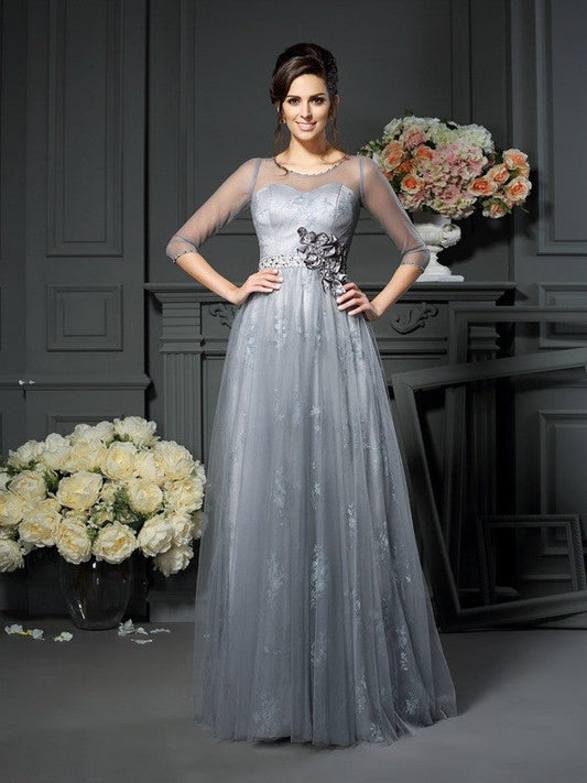 A-Line Princess Scoop Lace Sleeves Long Satin Mother of the Bride Dresses Pure Color
