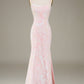 Pink Mermaid Spaghetti Straps Sparkly Long Prom Dress with Slit Evening Dresses