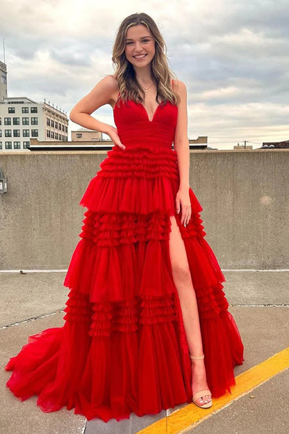 A-Line Deep V Neck Tiered Long Prom Dress Sexy