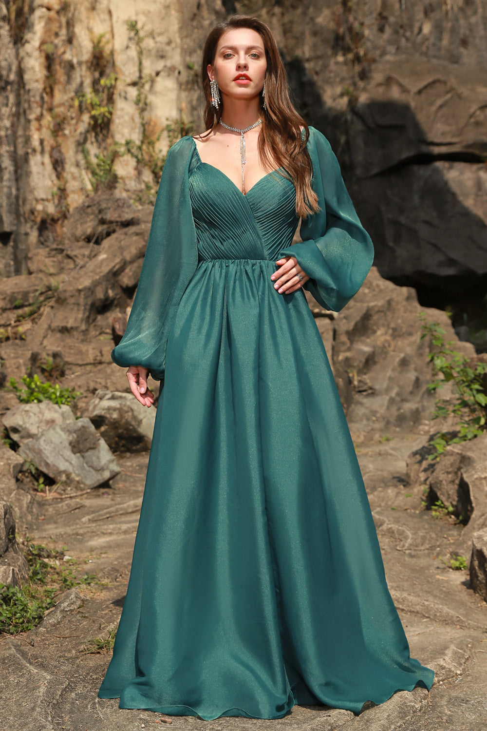 A Line Sweetheart Dark Green Plus Size Prom Dress with Long Sleeves Sexy