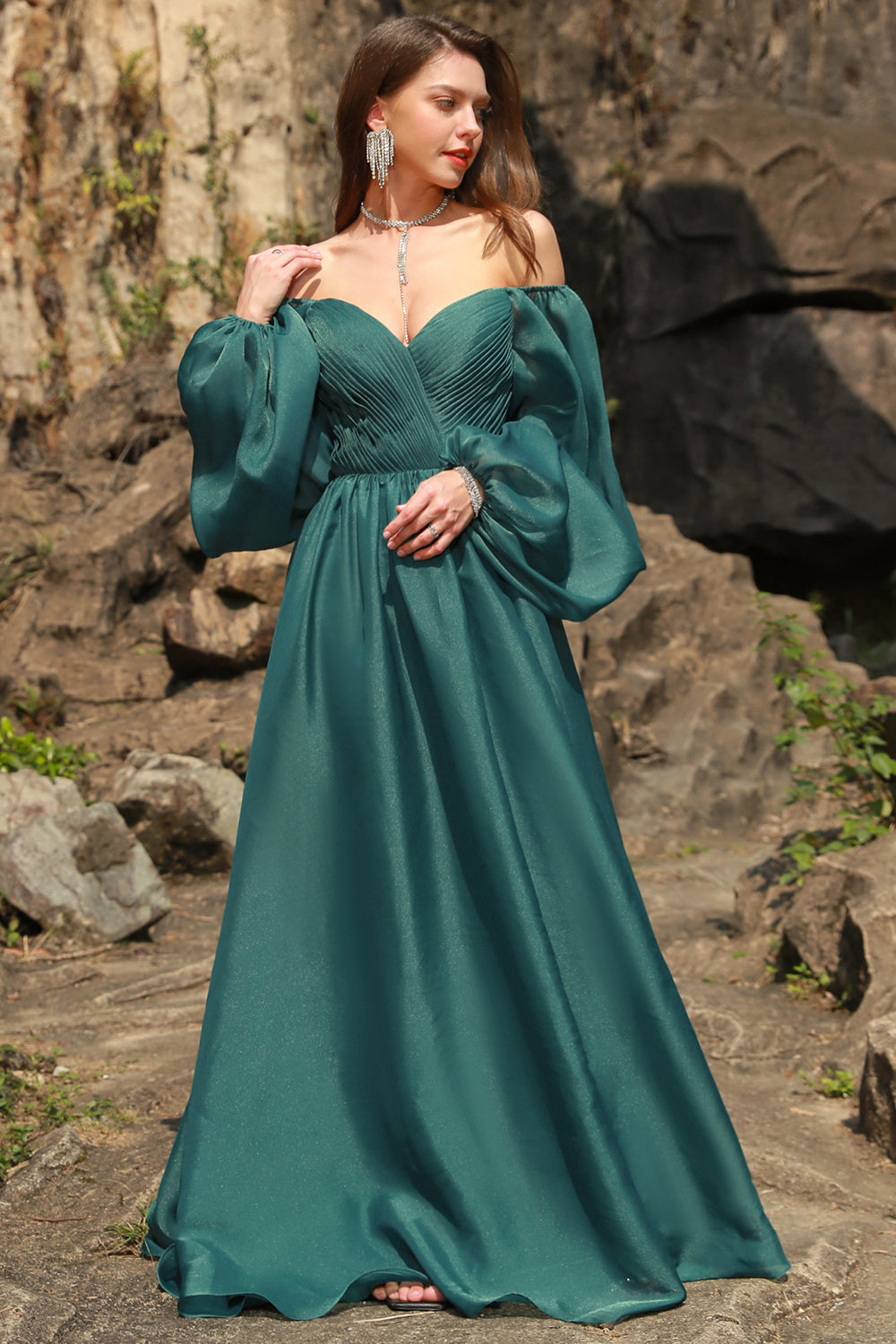 A Line Sweetheart Dark Green Plus Size Prom Dress with Long Sleeves Sexy