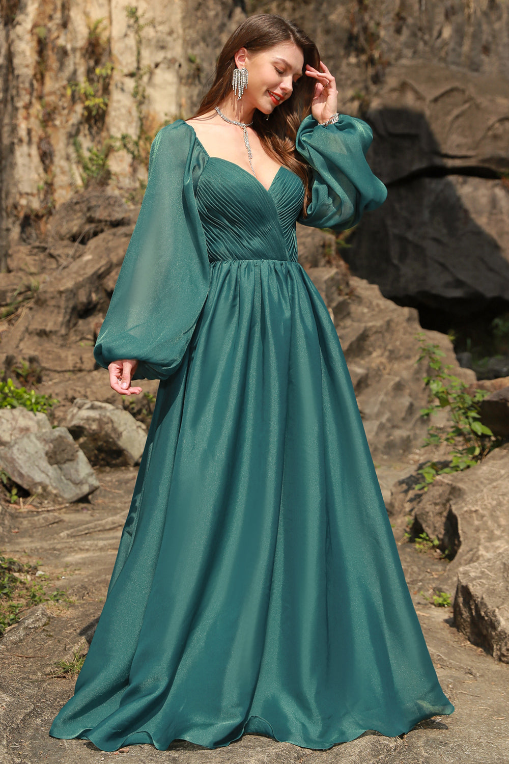 A Line Sweetheart Dark Green Plus Size Prom Dress with Long Sleeves Sexy