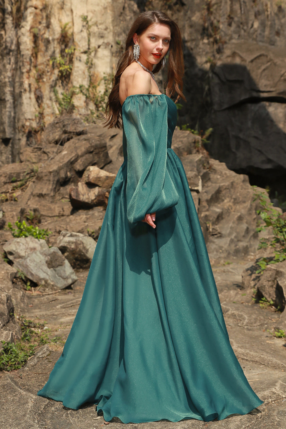 A Line Sweetheart Dark Green Plus Size Prom Dress with Long Sleeves Sexy