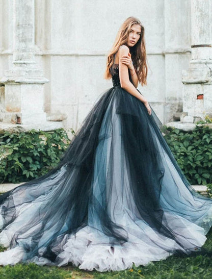 Ball Gown Evening Gown Color Block Dress Engagement Sweep / Brush Train Sleeveless V Neck Tulle V Back